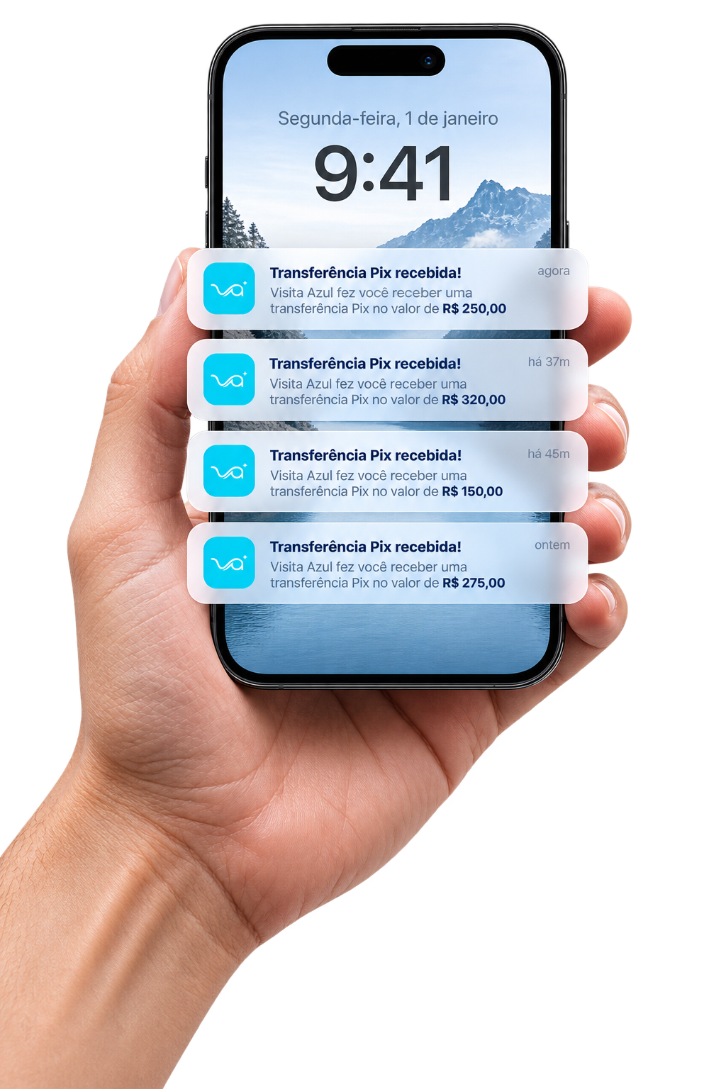 Mão segurando um celular com notificações de pagamentos recebidos